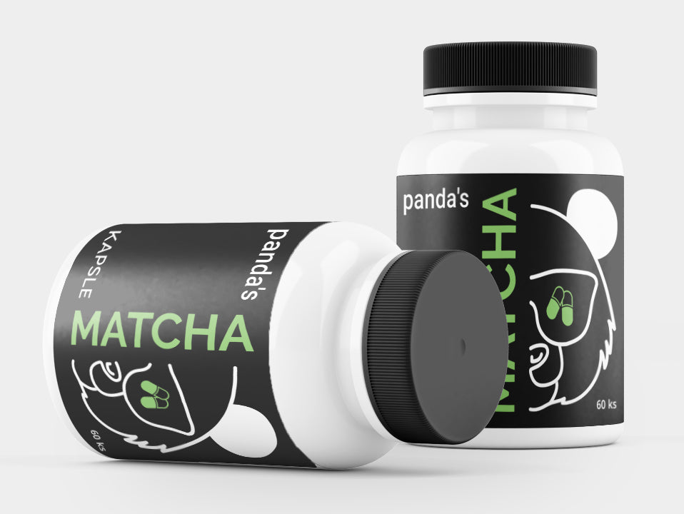 A set of Panda's Matcha brand ceremonial matcha tea in vegan capsules, including a white bottle with a black label, a white container with a black lid, and a black and white box with product information.